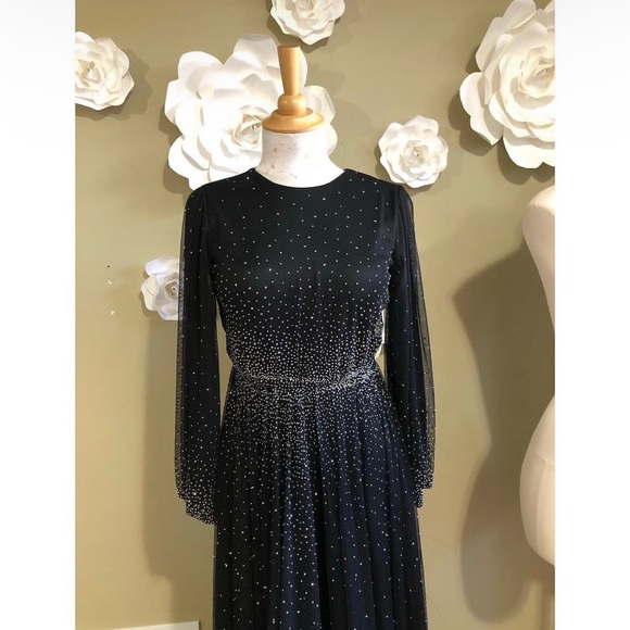 Black Chiffon Modest Evening Gown with rhinestones - Picture 2 of 7